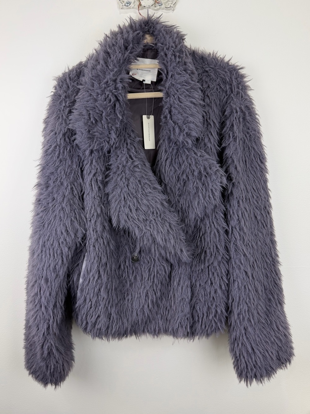 Anthropologie Grey Shaggy Faux Fur Jacket Coat Size L NWT